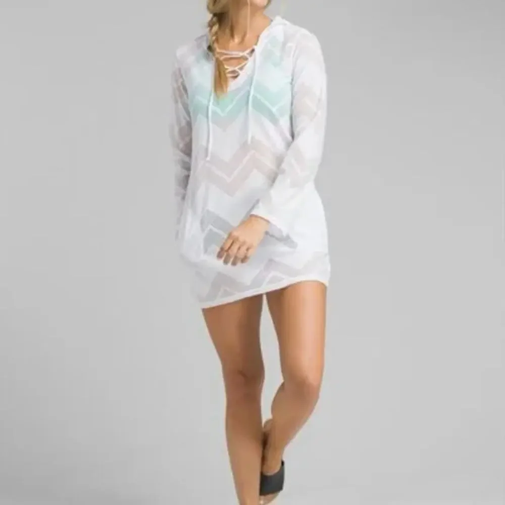 PRANA‎ White Alexia Tunic Hooded Long Sleeve Lace Up Coverup Swim Dress Size XS